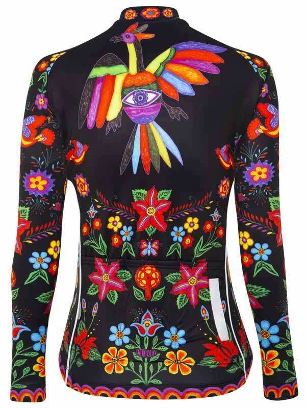 Women's cycling jersey with vibrant floral and bird print on black, featuring reflective details and rear pockets.