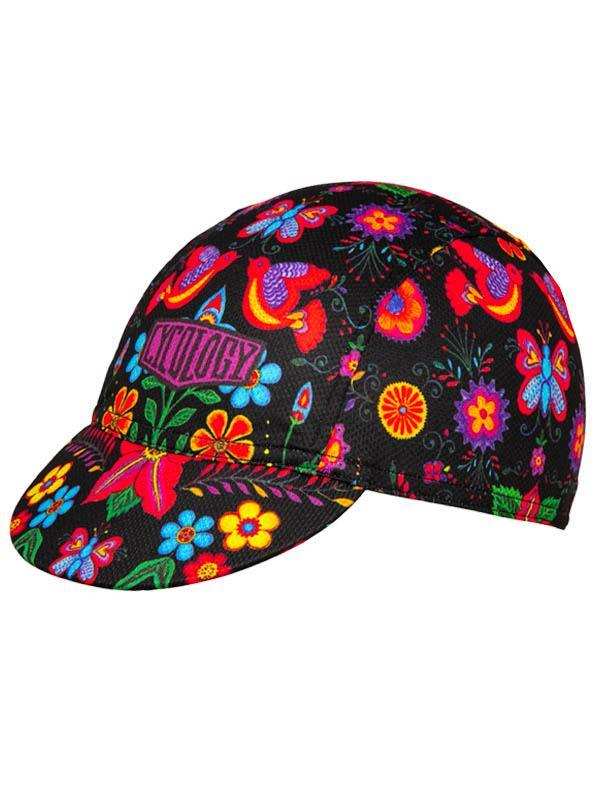 Vibrant floral and butterfly patterned cycling cap for men and women, featuring bold colors on black fabric.