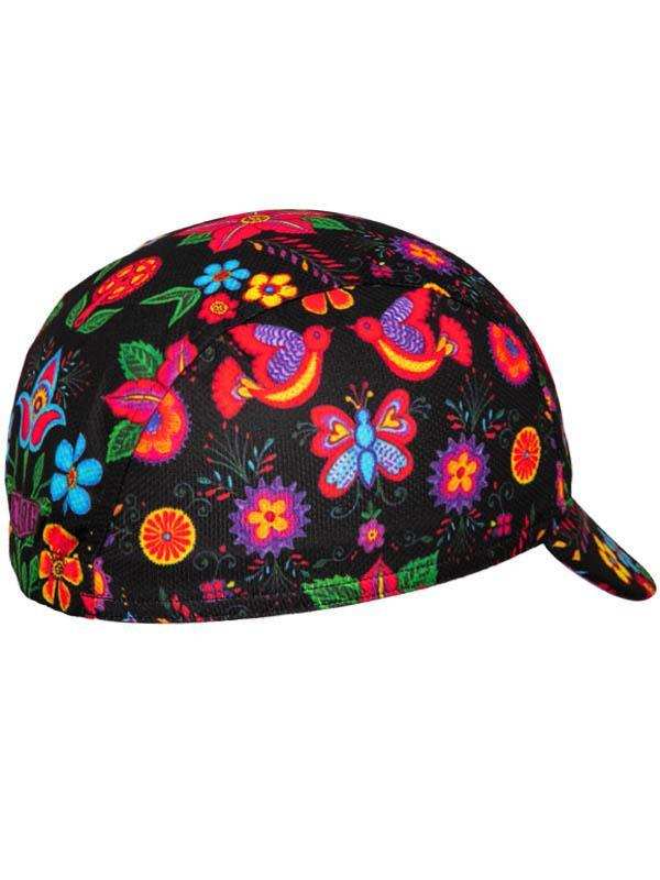 Vibrant floral and bird pattern cycling cap for men and women, colorful design on black background