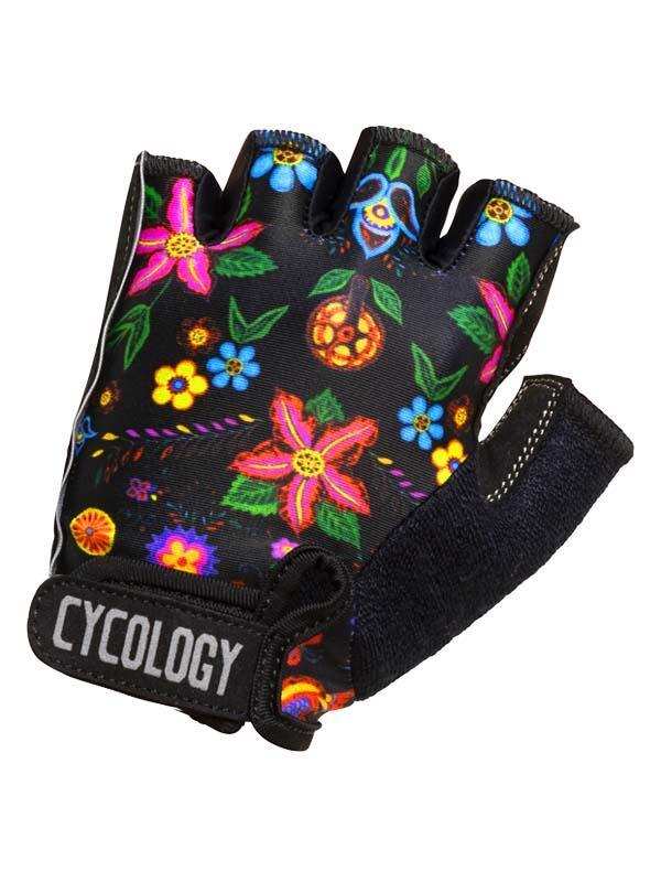 Black fingerless cycling glove with vibrant floral print and CYCOLOGY wrist label