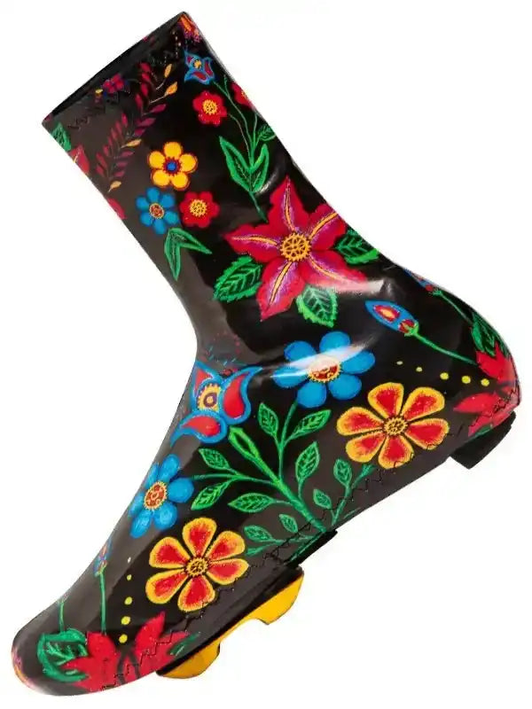 Black cycling shoe cover with vibrant floral pattern, ideal for women's and men's bike rides