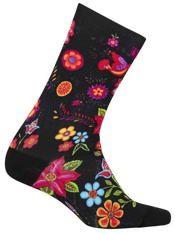 Black cycling sock with vibrant floral pattern, colorful flowers and leaves for bike rides
