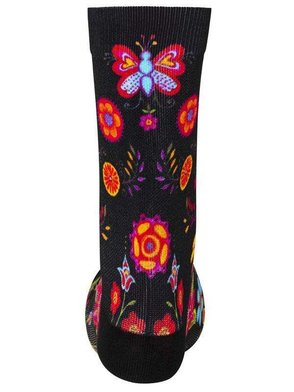 Black cycling sock with colorful floral and butterfly pattern, vibrant design for bike rides