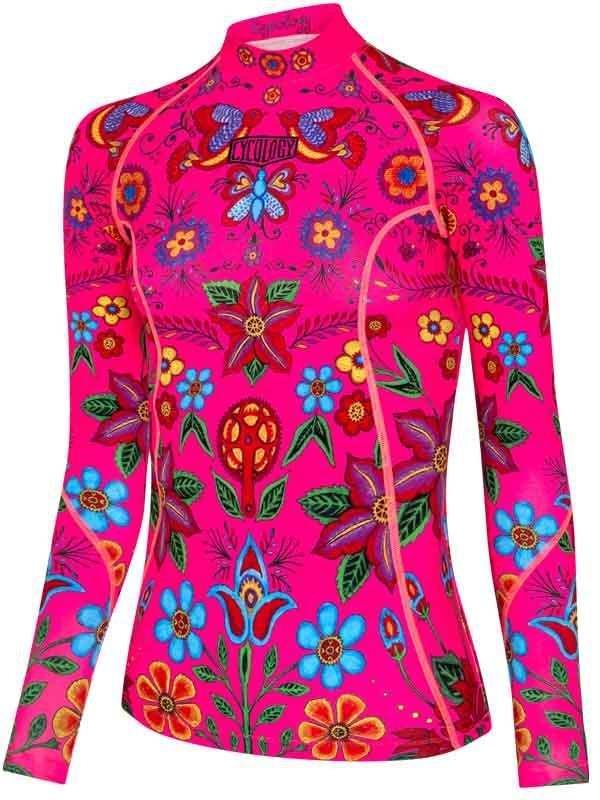Vibrant pink women's cycling jersey with colorful floral and bird print, long sleeves, and full zipper.