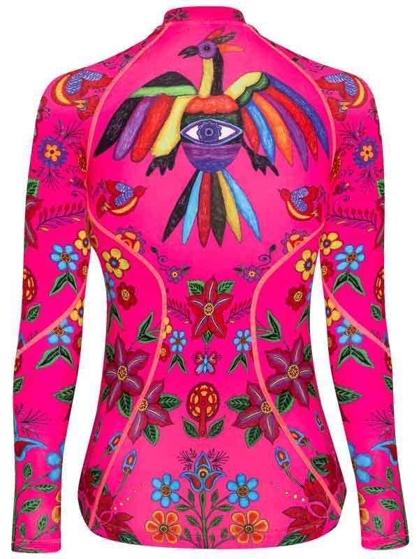 Vibrant pink women's cycling jersey with colorful bird and floral print, long sleeves, performance fit