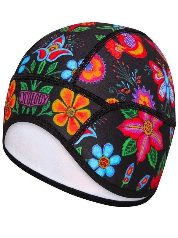 Vibrant floral cycling cap with colorful flowers and 'Cycology' logo, ideal for bike rides