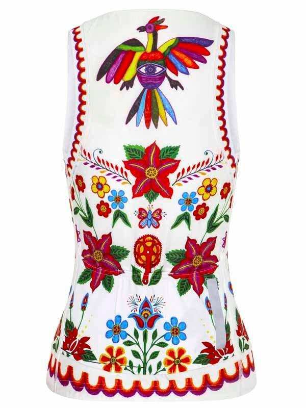White sleeveless cycling jersey with vibrant floral and bird embroidery, colorful folk art design