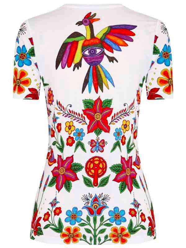 Women's cycling jersey with vibrant floral and bird print, colorful design for bike rides