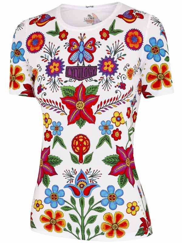 Women's floral cycling jersey with colorful flowers, butterflies, and bike gear design on white fabric
