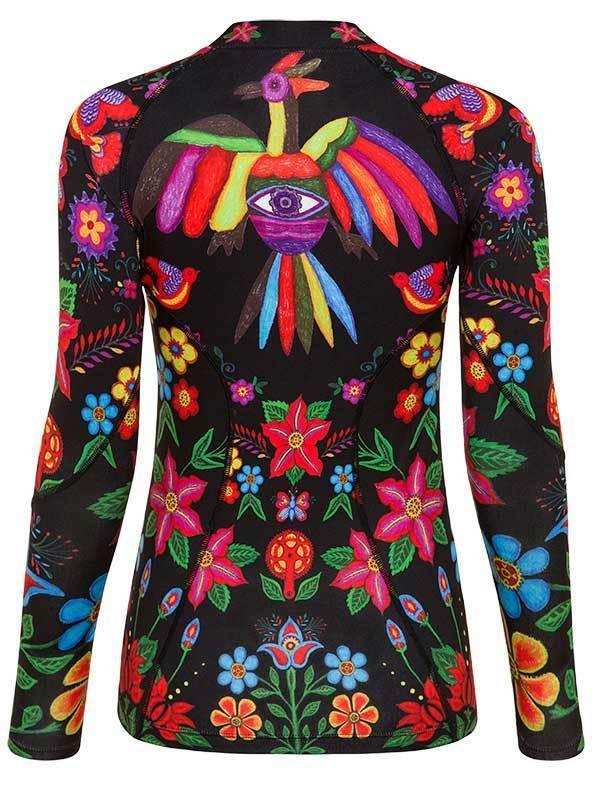 Women's cycling jersey with vibrant floral and bird print on black, long sleeve performance top