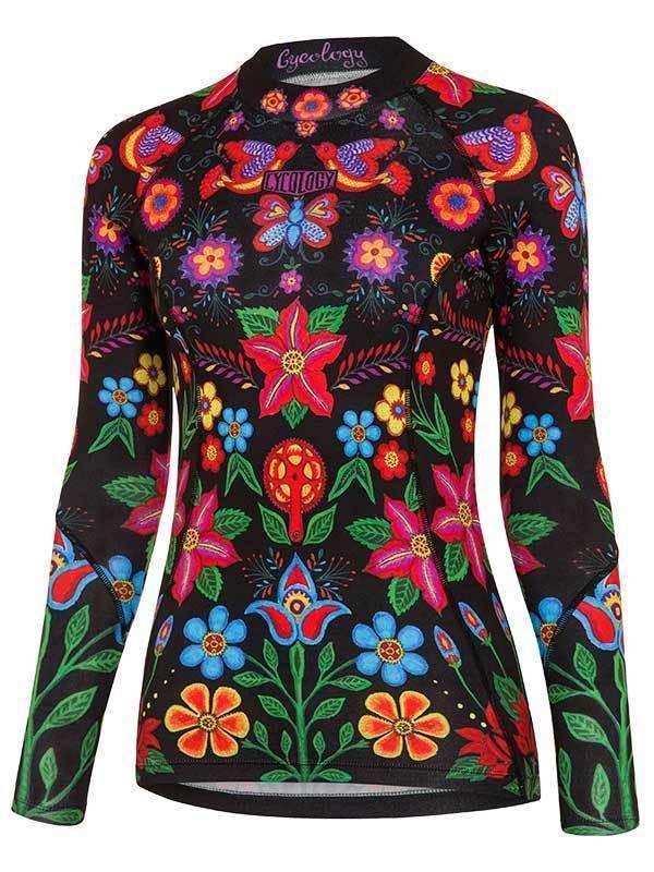 Women's long sleeve cycling jersey with vibrant floral and bird print on black background