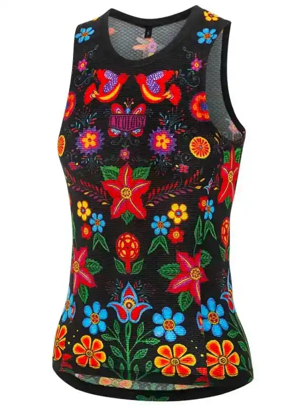 Women's cycling tank top with vibrant floral and butterfly print on black mesh fabric