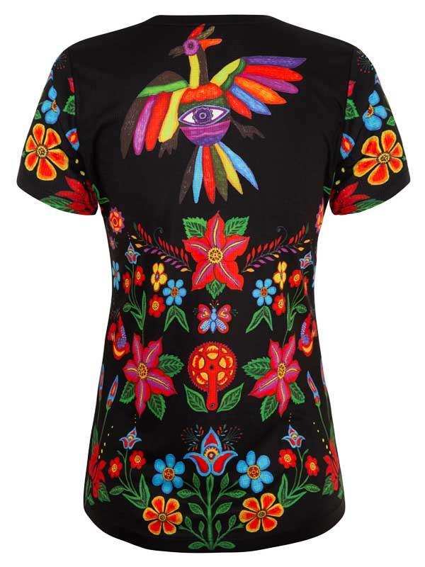Black women's cycling jersey with vibrant floral and bird graphic design, colorful patterns for active wear