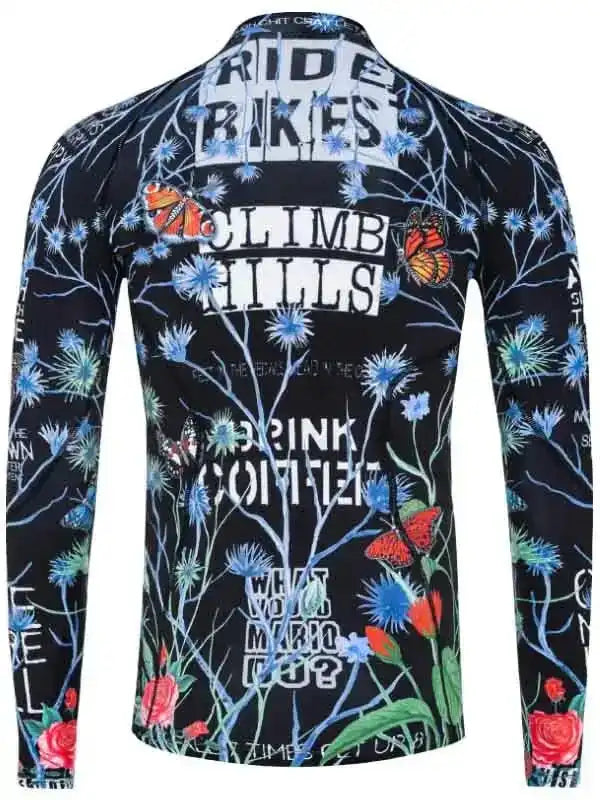 Men's long sleeve cycling jersey with floral print, butterflies, and cycling slogans like 'Ride Bikes' and 'Climb Hills'
