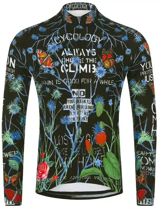 Men's long sleeve cycling jersey with floral and butterfly print, motivational text, and full zip front
