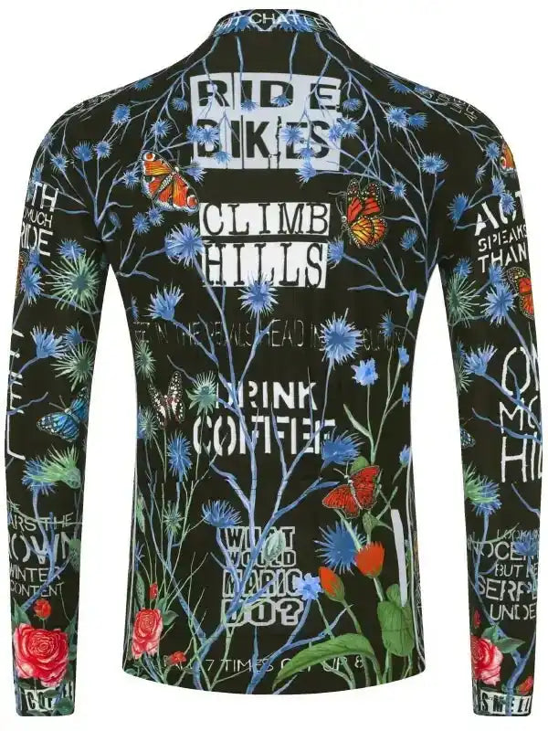 Men's cycling jersey with floral and butterfly print, bold text graphics, long sleeves for bike rides