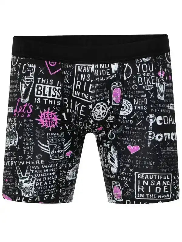 Men's cycling shorts with bold graphic print, pink and white text, bike-themed designs on black fabric
