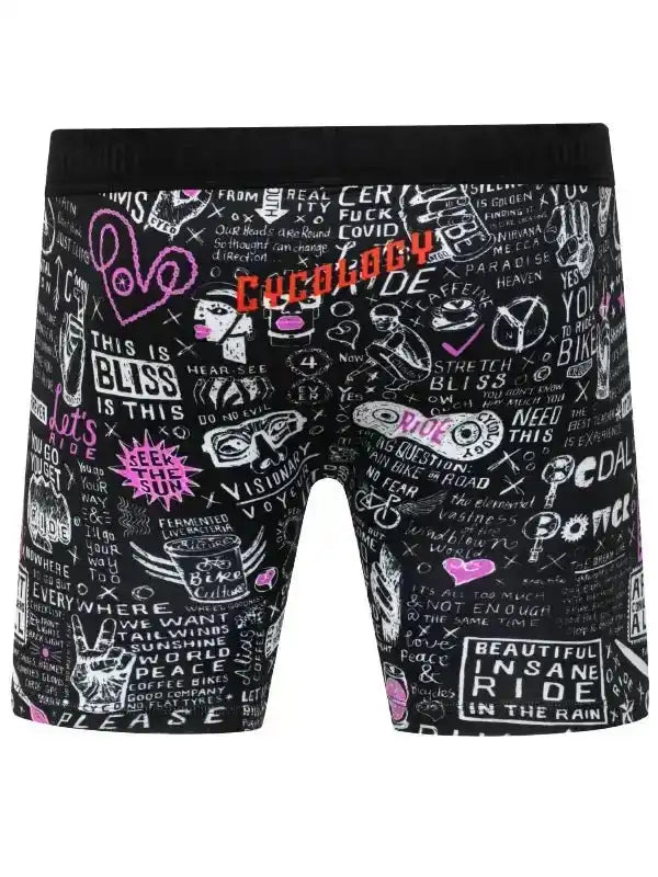 Black cycling shorts with colorful graffiti-style print, featuring bike-themed phrases and designs for men or women.