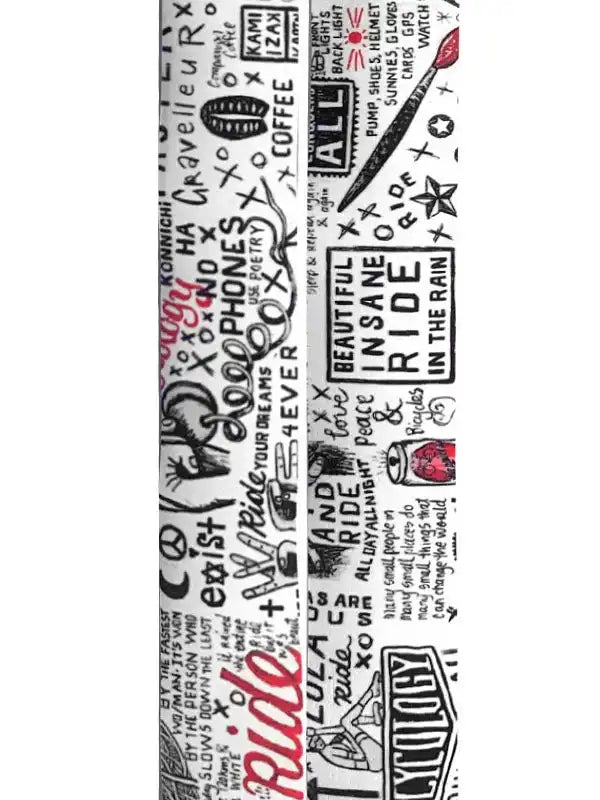 Cycling-themed graphic print with bold text and doodles for bike apparel