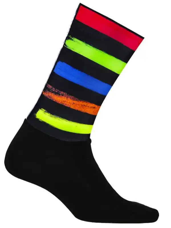 Black cycling sock with bold neon stripes in red, green, blue, orange, and yellow for high visibility and style.