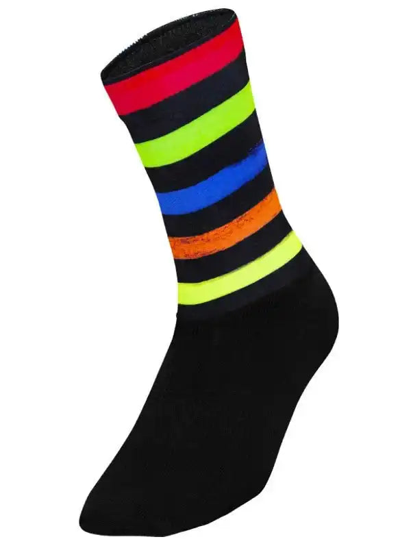 Black cycling sock with vibrant rainbow stripes, designed for comfort and style on rides.