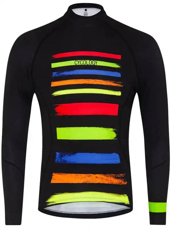 Men's long sleeve cycling jersey with vibrant rainbow stripe design, high-performance fabric, reflective details