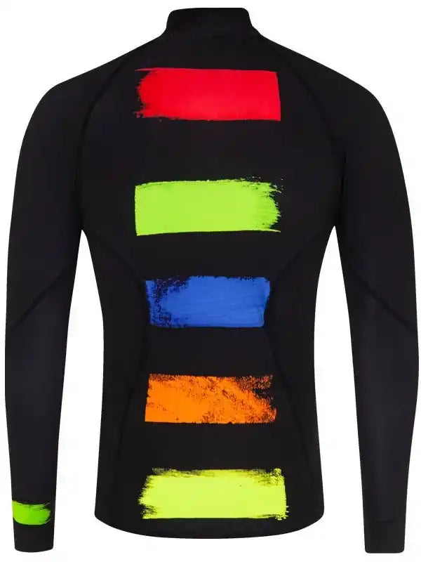 Men's cycling jersey with bold neon stripe design on black long-sleeve base layer