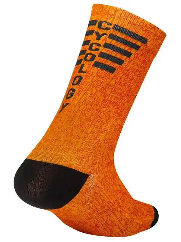 Orange cycling sock with black 'CYCOLOGY' text and toe detail, performance fabric for bike rides