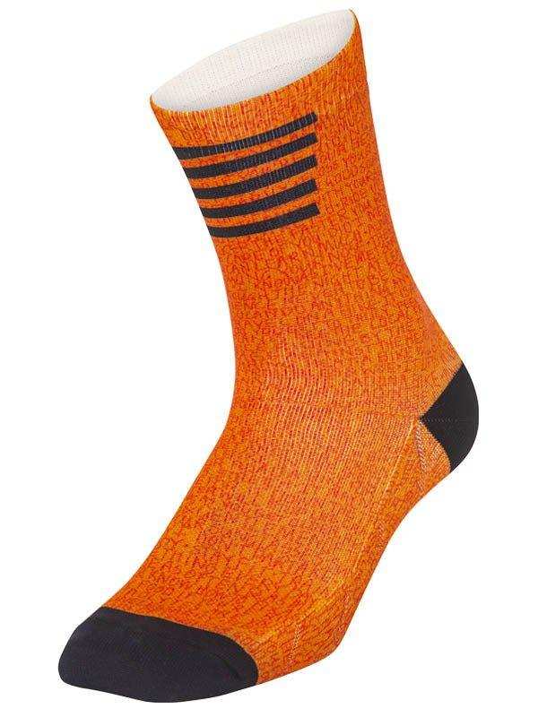 Orange cycling sock with black stripes and toe heel accents for performance rides