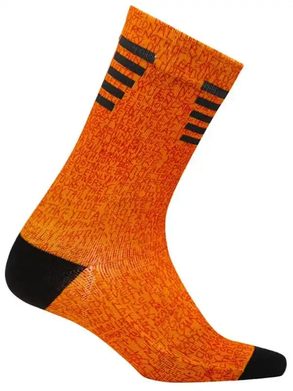 Orange cycling socks with black stripes and text pattern, designed for men's and women's bike rides