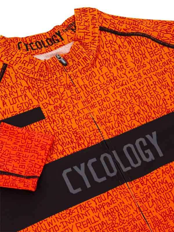Vibrant orange cycling jersey with bold text print and black accents, designed for men and women riders.