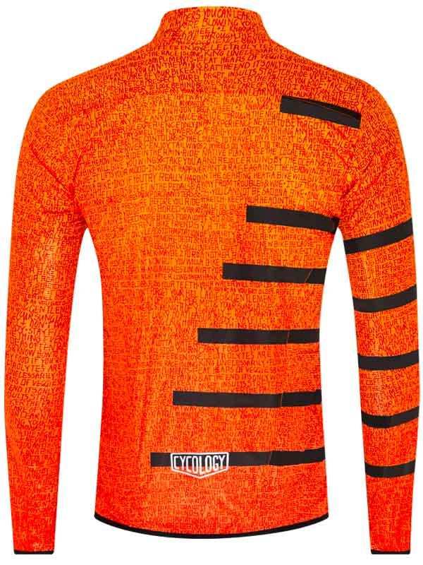 Men's orange cycling jersey with black stripes and text print, featuring reflective details for visibility
