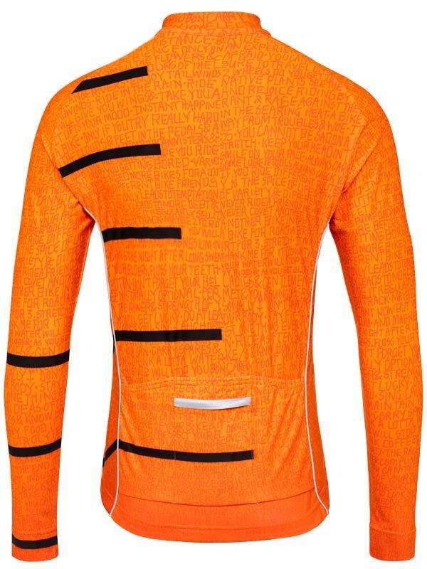 Bright orange long-sleeve cycling jersey with black stripe accents and text pattern, rear view