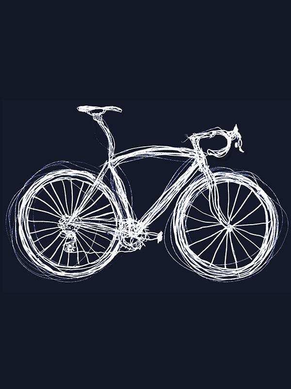 Stylized white line drawing of a road bike on dark background