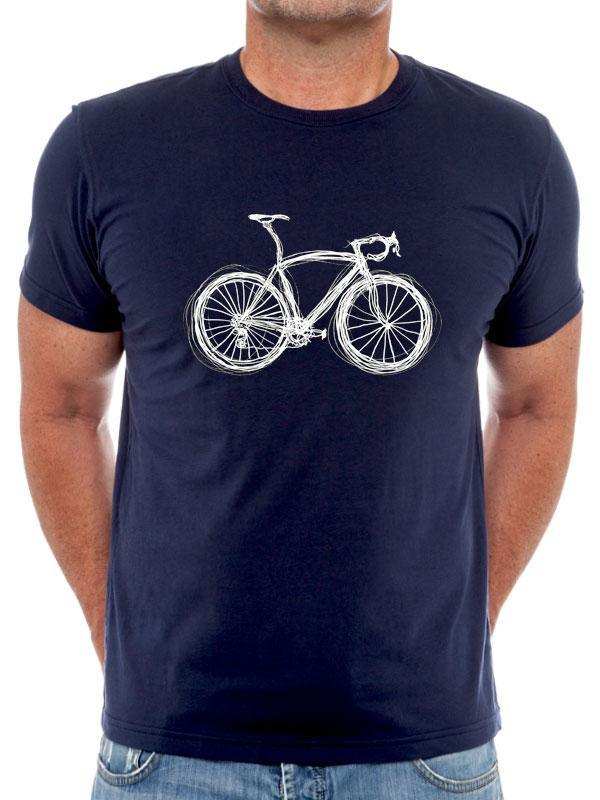 Men's navy t-shirt with white sketch-style road bike graphic, cycling apparel