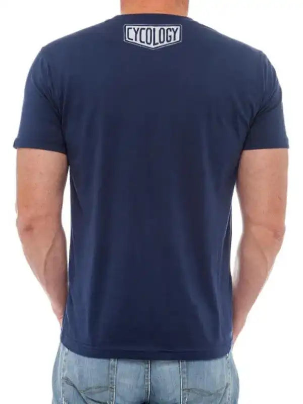 Men's navy blue cycling t-shirt with Cycology logo on back, casual fit for active lifestyle