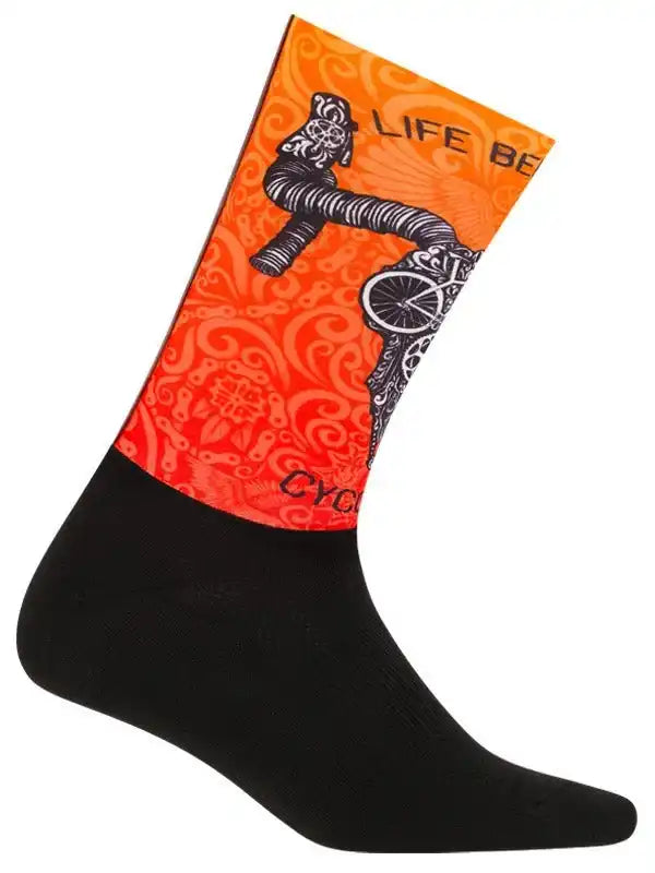 Vibrant orange cycling sock with black bike graphic and 'LIFE BE' text, perfect for men's or women's bike rides.