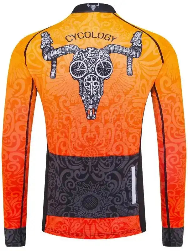 Men's orange long sleeve cycling jersey with skull and bike graphic, bold pattern, and reflective details