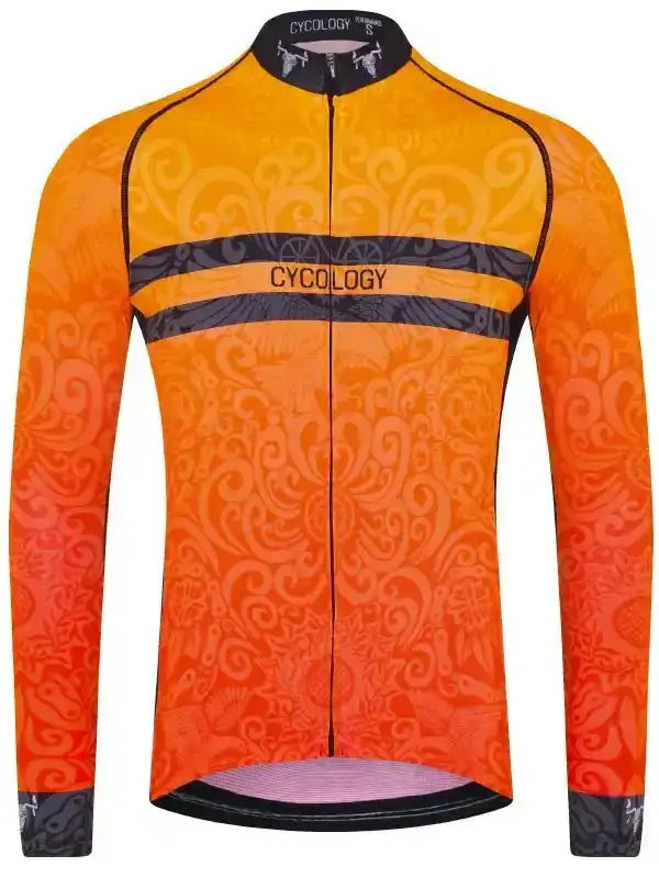 Men's orange long sleeve cycling jersey with swirl pattern and black accents, ideal for road biking