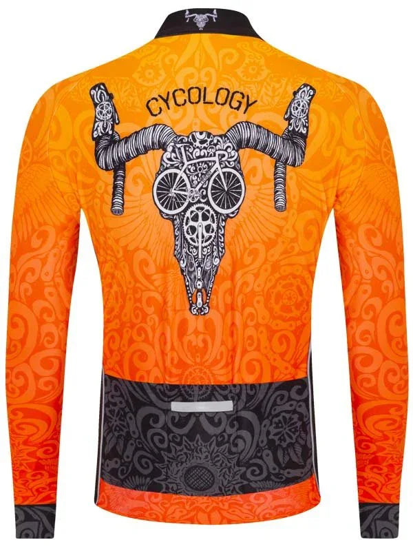 Men's orange cycling jersey with skull and bike graphic, long sleeves, reflective back panel