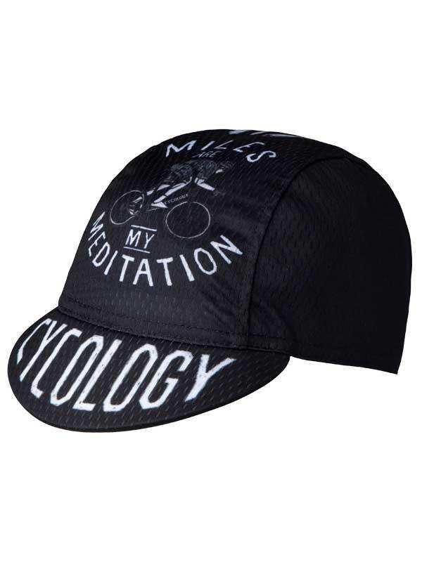 Black cycling cap with 'Miles Are My Meditation' and 'Cycology' text, breathable mesh fabric for bike rides