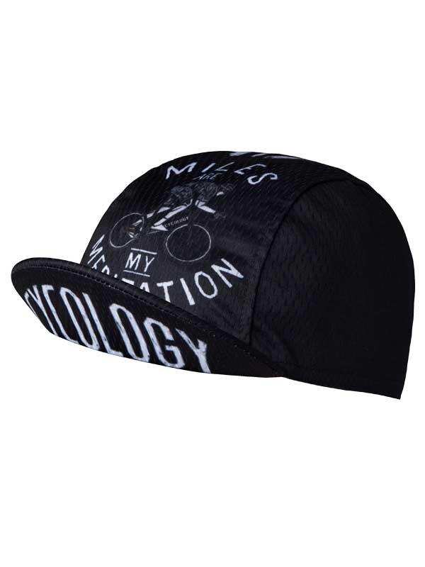 Black cycling cap with 'Miles Are My Meditation' print, breathable fabric for bike rides