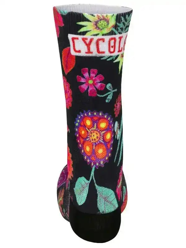 Black cycling sock with vibrant floral print and CYCOLO logo, designed for comfort and style on rides.