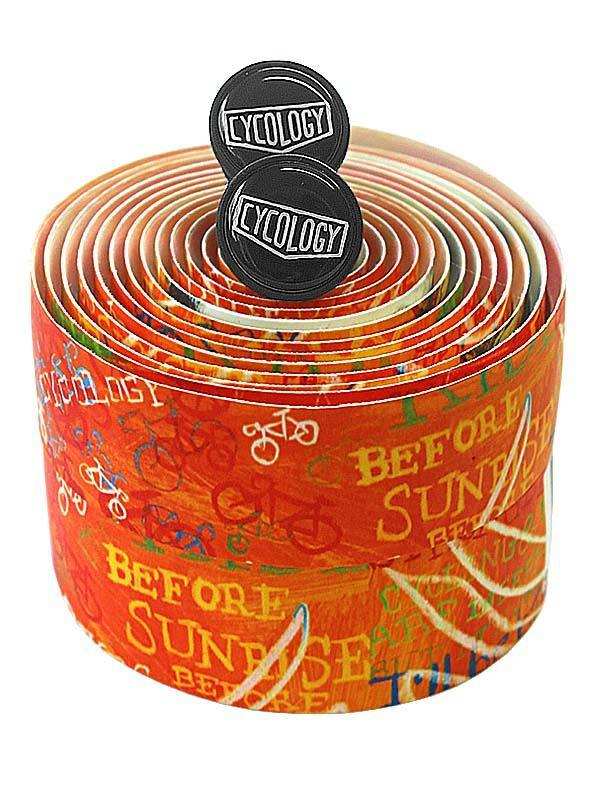 Cycology orange bike handlebar tape with 'Before Sunrise' print and black end plugs