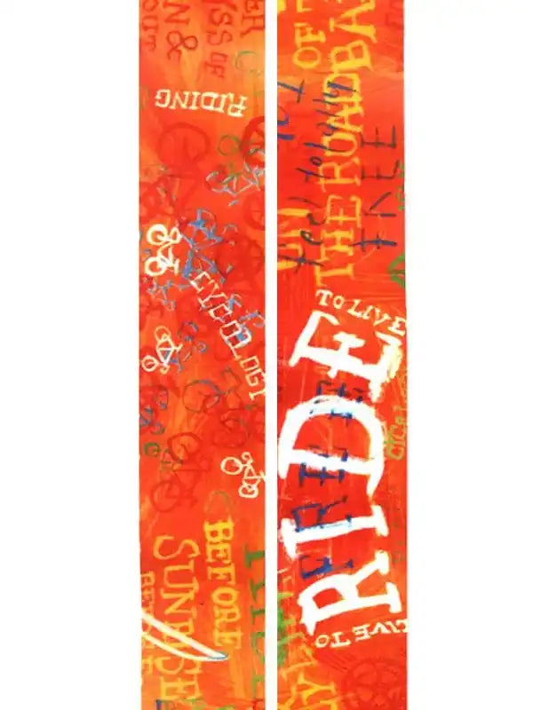 Vibrant orange cycling fabric with 'RIDE' text and bike graphics, ideal for men's and women's cycling apparel.
