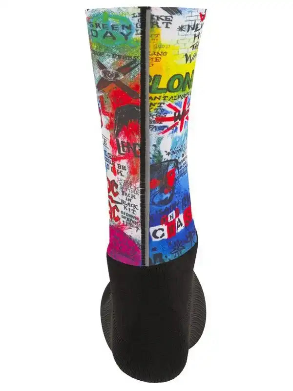 Colorful graffiti-style cycling sock with bold graphics and black cuff for men and women