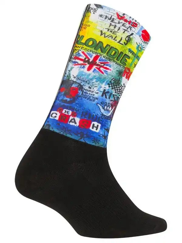 Colorful cycling sock with punk rock graphics, Union Jack, and bold text designs for men and women riders