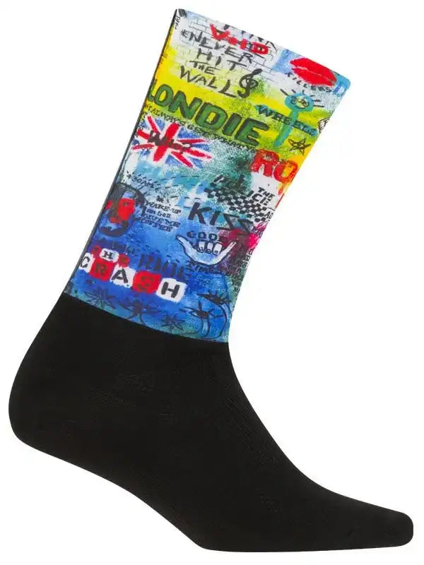 Colorful graffiti-style cycling sock with bold graphics and black toe/heel, perfect for men's or women's bike rides.