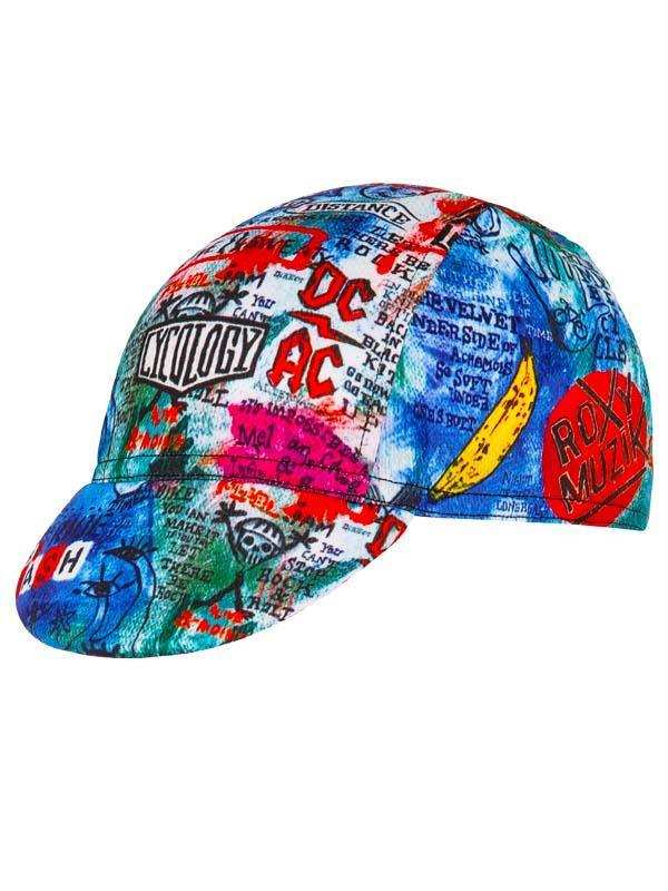 Colorful cycling cap with graffiti-style print, banana graphic, and bold text design for men and women riders
