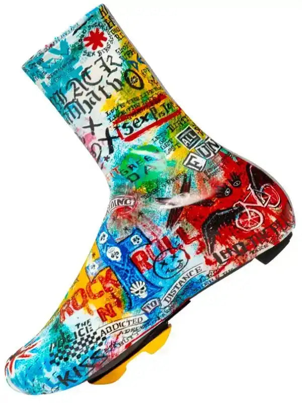 Colorful graffiti-style cycling shoe cover with bold graphics and text for road bike riders